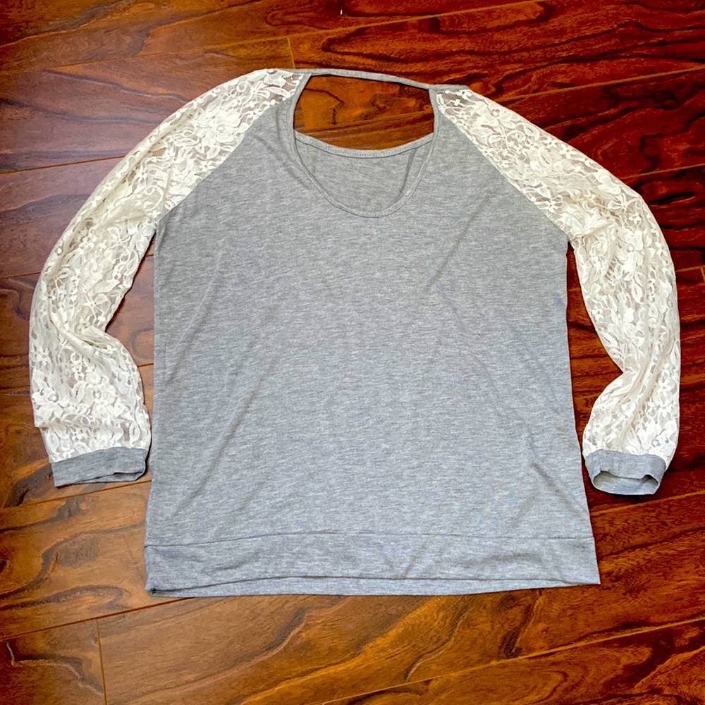 Heather Grey sweatshirt with lace sleeves.